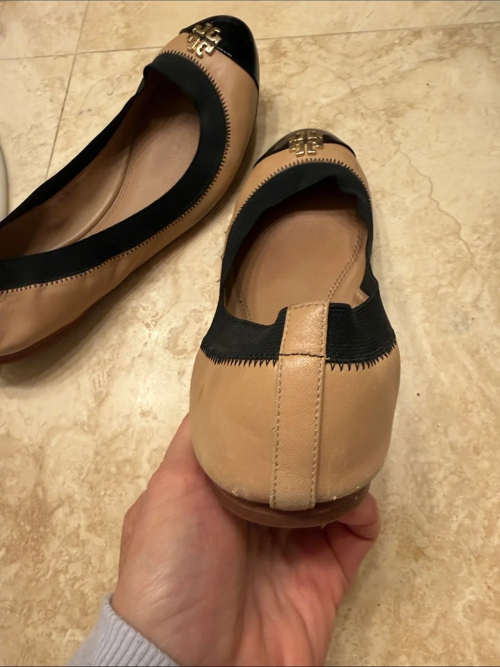 Tory Burch Tan Leather Ballet Flats with Black Patent Cap Toe size 9